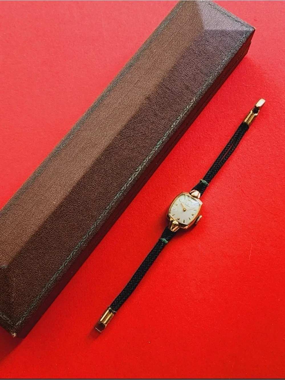 14K GF Omega Gold-Tone Ladies Watch with Black Cord Strap and  rare omega box